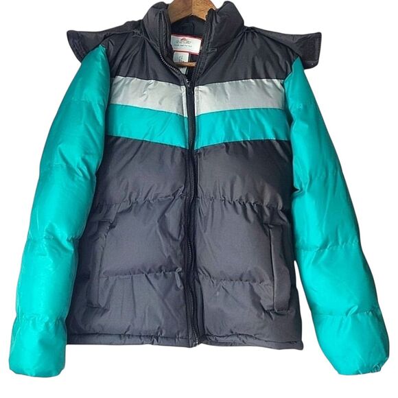Color Block Striped Teal Black Gray Hooded Puffer Coat Winter Bubble Jacket Sz S - Picture 3 of 11